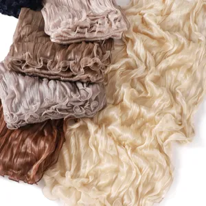 Shiny pleated chiffon long scarf with lettuce edge, soft breathable solid color hijab stoles.