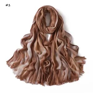 Gradient rayon wrinkled scarf detail, soft lightweight thin fabric with stylish frayed fringes.