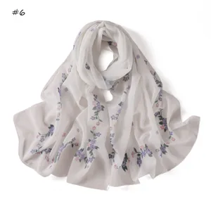Details of floral print chiffon scarf, lightweight and breathable fabric for women.