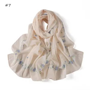 Floral print chiffon scarf, lightweight spring long scarf, elegant blue flower design neck wrap.