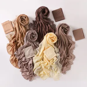 Detailed view of modal lace hijab and matching bonnet set, breathable and soft fabric.
