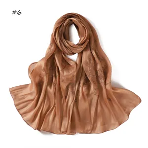 Elegant brown sequin embroidered silk satin long scarf, soft, breathable and shiny.
