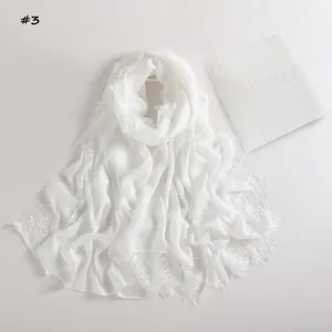 White lace scarf and matching cap set detail view, breathable and elegant design for women.