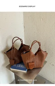 Retro woven leather tote bag women large capacity shoulder crossbody bag detail showcase style
