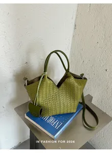 Green woven leather tote bag for women, stylish shoulder crossbody bag with top handle.