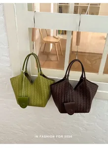 Woven Leather Tote Bag Vintage Casual Large Capacity Handbag Stylish Retro Shoulder Bag