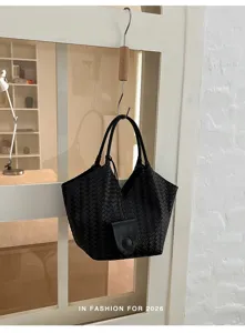 Stylish black woven leather tote bag for women, large capacity casual shoulder handbag.