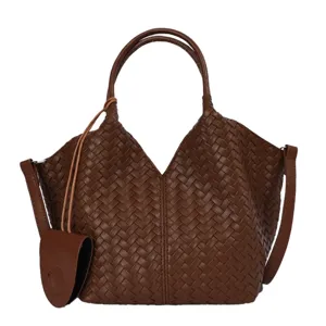 Brown woven leather handbag for women, stylish large capacity tote and shoulder crossbody bag.