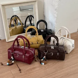 Women Fashion PU Leather Boston Pillow Bag Retro Solid Color Top Handle Handbag Casual Commuter Shoulder Crossbody Bag