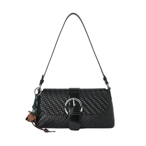 Black woven baguette shoulder bag for women, elegant daily commuter handbag with stylish buckle.