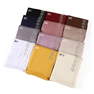 Solid color mercerized cotton rhinestone scarf hijab shawl, soft breathable jersey fabric.