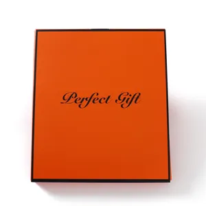 Orange gift box with black border and elegant Perfect Gift text for packaging luxury items.