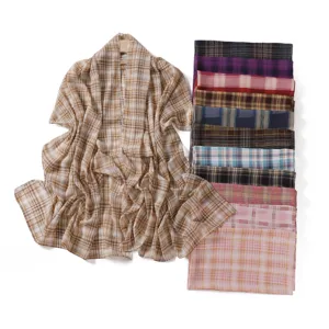 Women vintage plaid chiffon scarf elegant long shawl sun protection wrap multi color