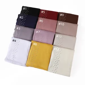 Solid color jersey hijab scarf with rhinestone details, soft breathable long cotton wrap.