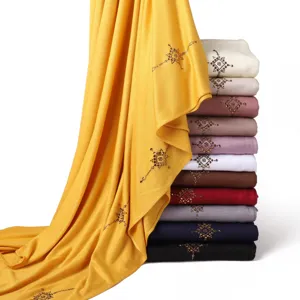 Solid color mercerized cotton long scarf hijab with sparkling rhinestone details multi colors