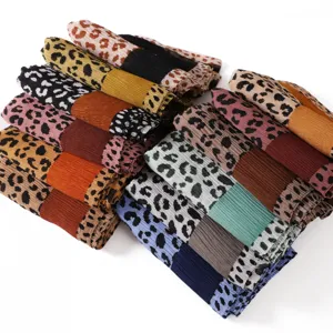 Retro colored leopard print pleated long scarf, versatile soft cotton linen women shawl.