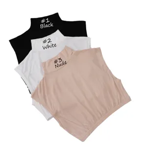 Detailed view of modal cotton sleeveless mock neck fake collars in black, white and nude.