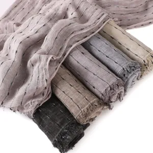 Écharpe Longue pour Femme Mélange Coton Rayon Fil Métallique Argenté Châle Frangé Rayé Foulard Polyvalent Chaleur Quotidienne