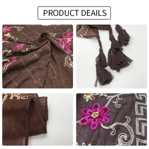 Bruine vintage bloemen geborduurde kwastjes sjaal, ademende katoenen linnen omslagdoek, hijab.