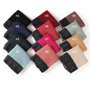 Versatile pleated long scarf with black dot print border, stylish headscarf hijab.