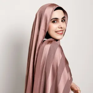 Women Fashion Solid Color Wide Stripe Satin Long Scarf Travel Soft Breathable Polyester Shawl Head Wrap