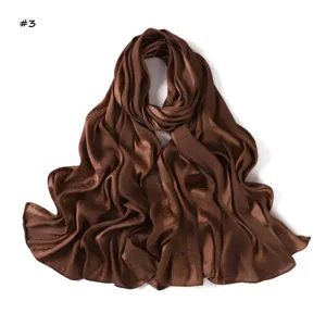 Brown Satin Silk Scarf Elegant Women Long Hijab Headwrap Monogram Pattern Soft Shawl