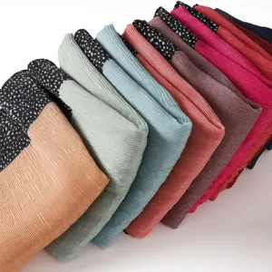 Pleated women scarf with black polka dot print edge, versatile autumn winter long shawl.