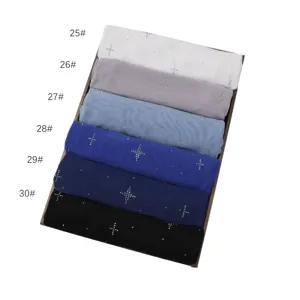 Solid color elastic mesh long scarf with meteor rhinestones, breathable soft hijab detail.