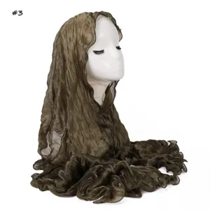 Detail view of the olive green crinkled sheer scarf featuring delicate lettuce edge design.