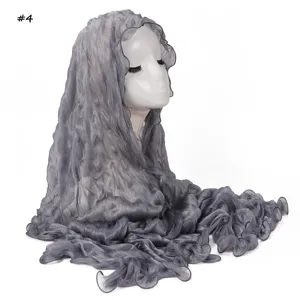 Grey pleated chiffon hijab scarf with lettuce edge, soft shiny lightweight head wrap for women.