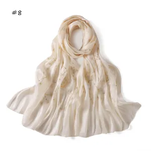 Elegant solid color cobweb sequin embroidered soft drape silk satin scarf long headscarf
