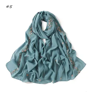 Blue-green floral embroidered chiffon long scarf, lightweight breathable women hijab.