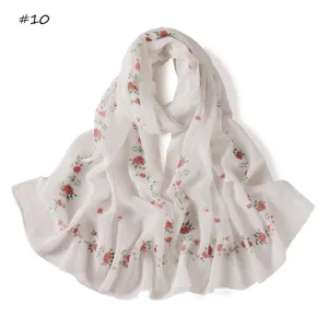 White chiffon floral scarf with delicate digital print design, lightweight long shawl.