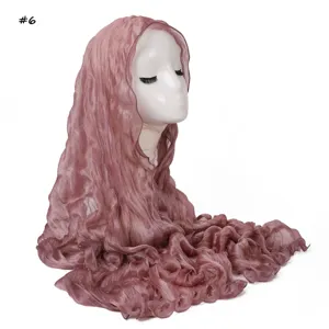 Shiny crinkled sheer long hijab scarf with lettuce edge breathable soft solid wrap headscarf