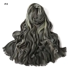 Gradient rayon wrinkled long scarf with frayed edges, soft, breathable, versatile shawl.
