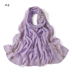 Exquisite embroidered long chiffon scarf with delicate floral design, lightweight and versatile.