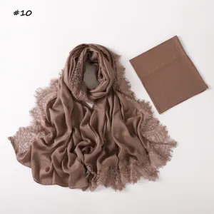 Solid color modal rayon lace long hijab scarf with matching elastic under cap set brown