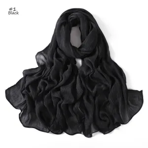 Black modal crinkled long scarf detail view, breathable soft texture, rolled edges shawl.
