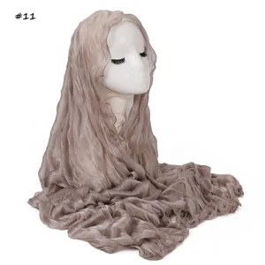Glossy elastic crinkled sheer hijab scarf with lettuce edge, soft breathable headscarf detail.