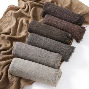 Women's Solid Color Slub Cotton Long Scarf Casual Minimalist Lightweight Breathable Wrinkled Fringe Shawl Autumn Winter