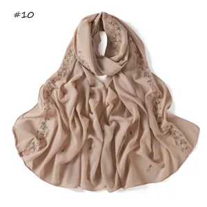 Beige Floral Embroidered Scarf Lightweight Bow Chiffon Hijab Elegant Headwrap Women