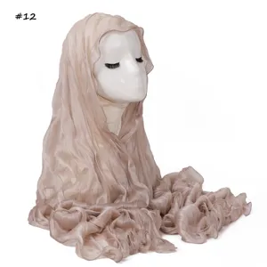 Solid color pleated sheer hijab scarf with lettuce edge, glossy lightweight head wrap for women.