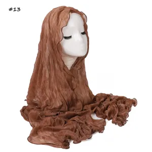 Brown crinkled sheer headscarf with lettuce edge, lightweight breathable hijab scarf for women.