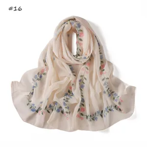 Chiffon floral scarf detail, beige fabric with pink blue vines, lightweight spring neckwear.