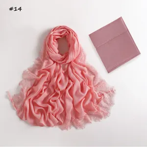 Breathable modal lace long scarf and matching elastic cap set in solid pink color for women