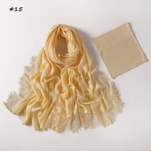 Light yellow modal lace hijab scarf with matching inner cap set, elegant and breathable.