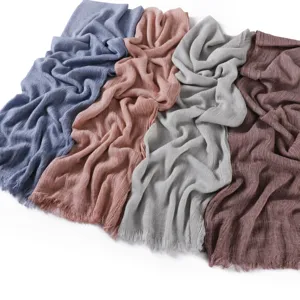 Women breathable slub cotton long scarf with frayed edges fine wrinkle stripe retro shawl.