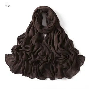 Vintage solid color crinkled cotton blend long scarf soft breathable elegant wrap shawl