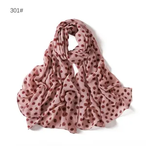 Pink chiffon scarf with brown polka dots detail, lightweight and breathable fabric accessory.