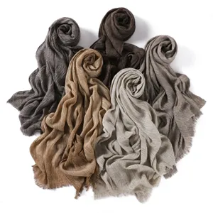 Women retro solid color cotton wrinkle fringe long scarf autumn winter casual breathable soft shawl